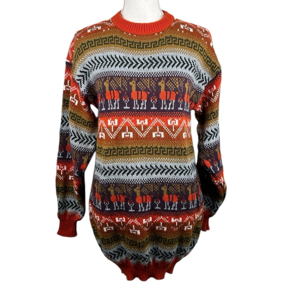 Winter Fall Deer Ethnic Aztec Rust Multi Colored Knit Crewneck Sweater Size L
